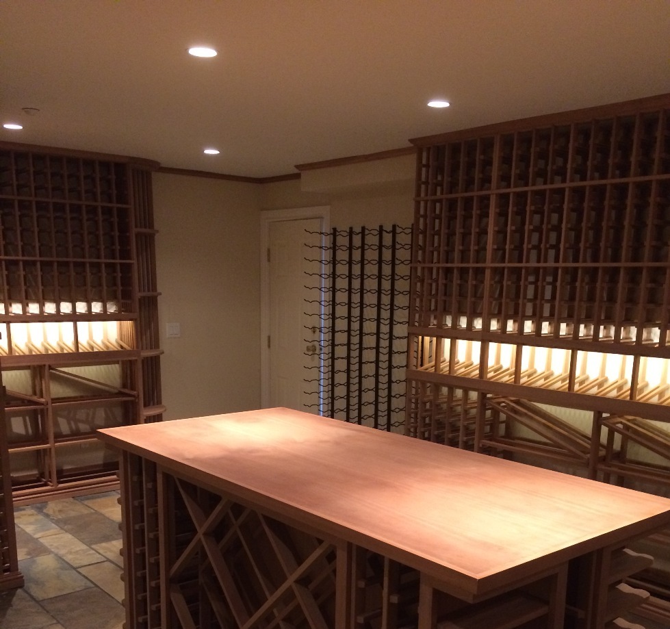 Custom Sapele Wine Cellar with Vintage View Wine Racking - Looking toward door