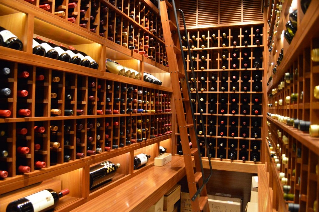Home Wine Cellar San Diego with Hook Rolling Ladder