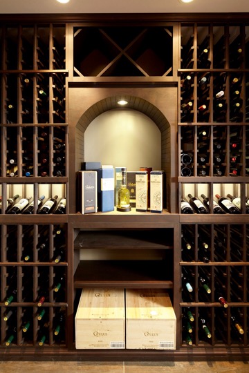 Custom Wood Wine Rack Design with Rectangular Bins for Wood Cases and Diamond Bins for Bulk Storage Made from Alder