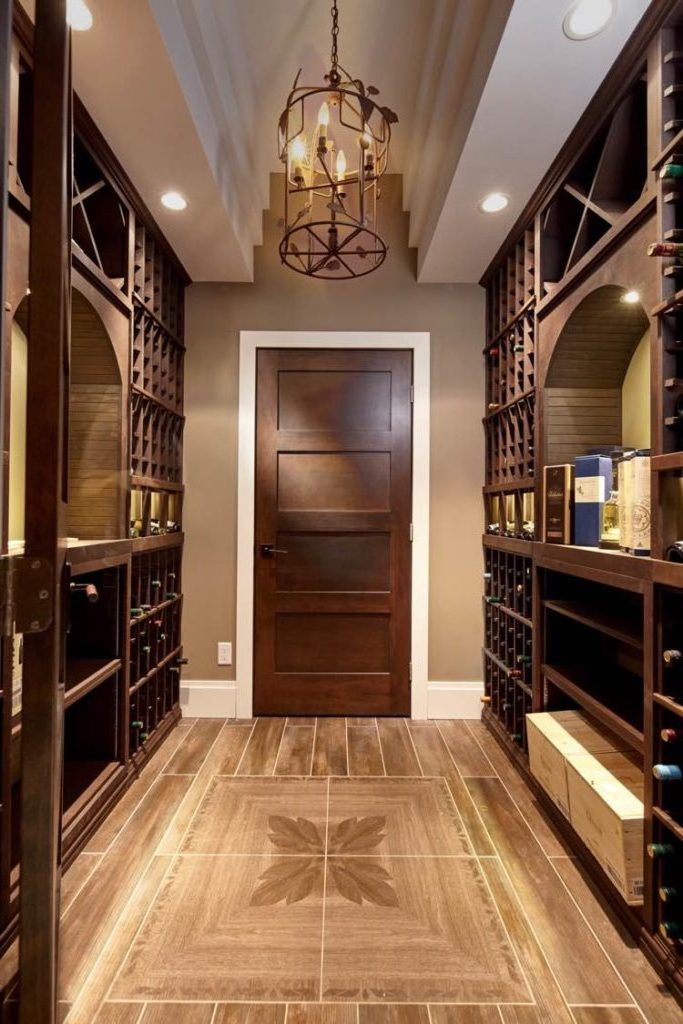 Wine Cellar in Alder Wood with Dark Brown Stain and Chandelier